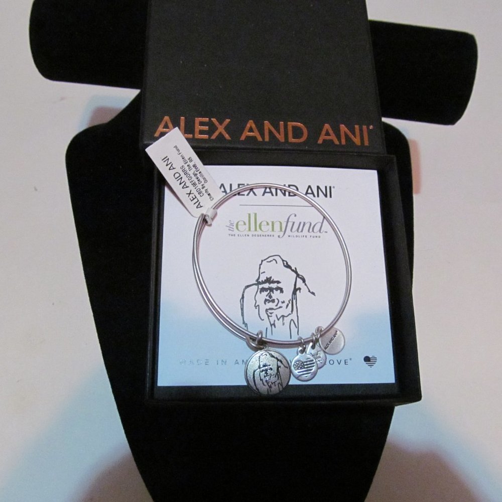 Alex & Ani "Ellen Fund" Gorilla Charm Bangle Silver Etched Bracelet New in Box!